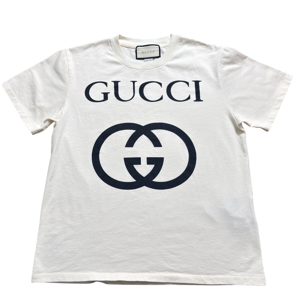 Gucci Interlocking G Logo T-Shirt Cream Off White Cotton Made in Italy XS